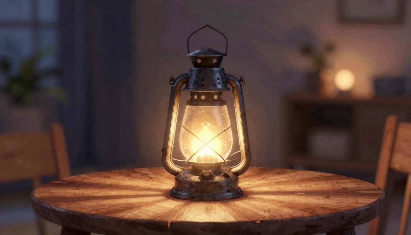 Watercolor style. A warm glowing lantern on a wooden table i...