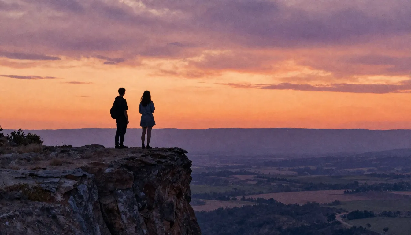 Watercolor style. Two silhouettes of friends standing on a h...
