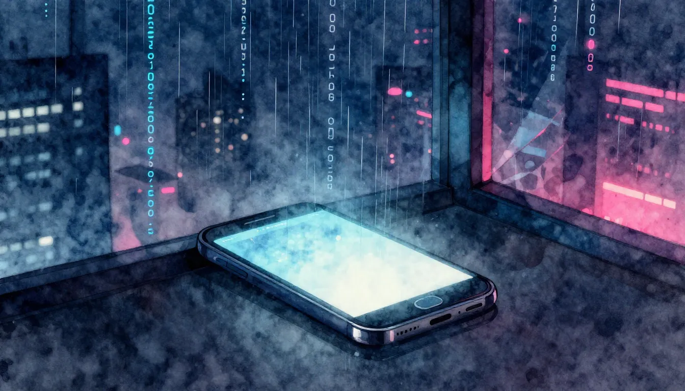 Watercolor style. A lonely glowing smartphone screen in a da...