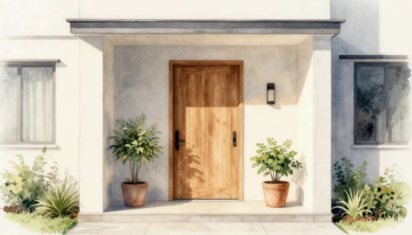 Watercolor style. Minimalist modern house entrance, elegant ...