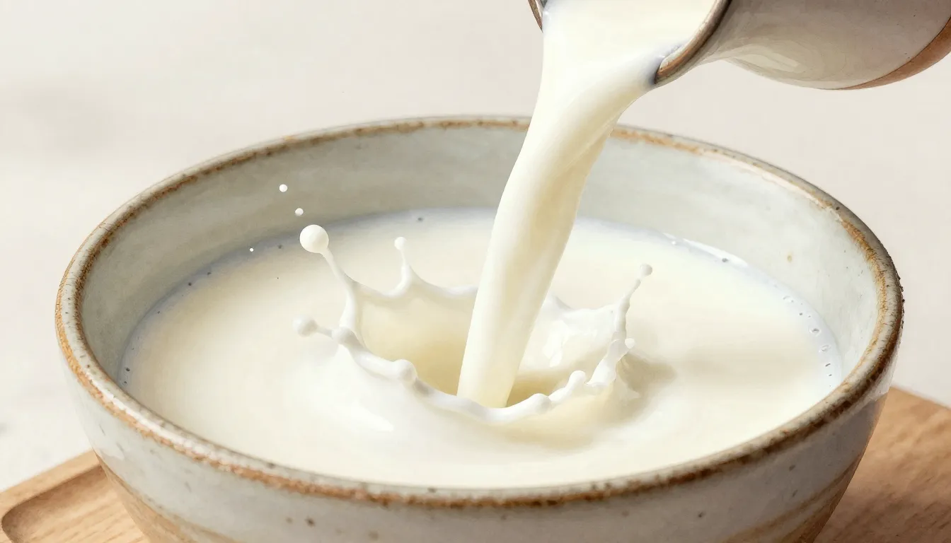 Watercolor style. Close-up of creamy milk being poured into ...