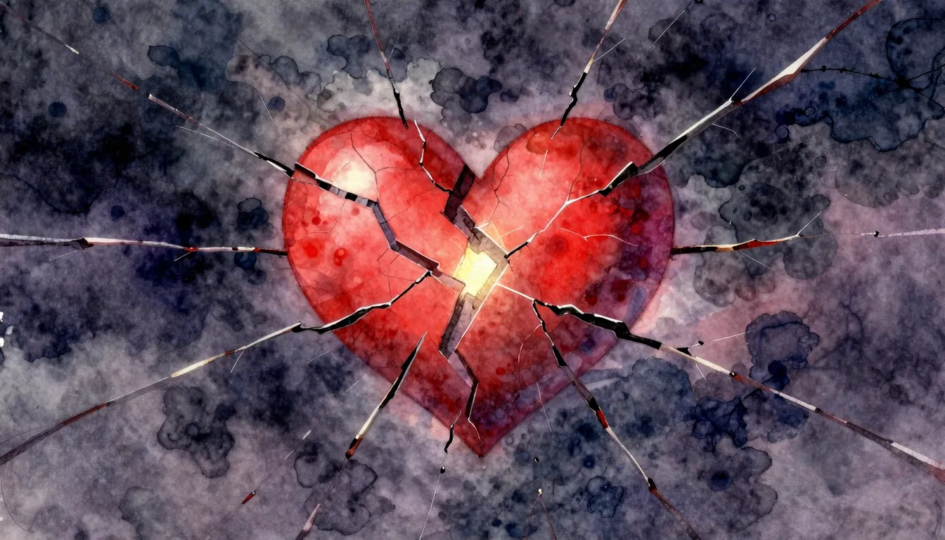 Vibrant watercolor style. Rock song cover art. A broken hear...