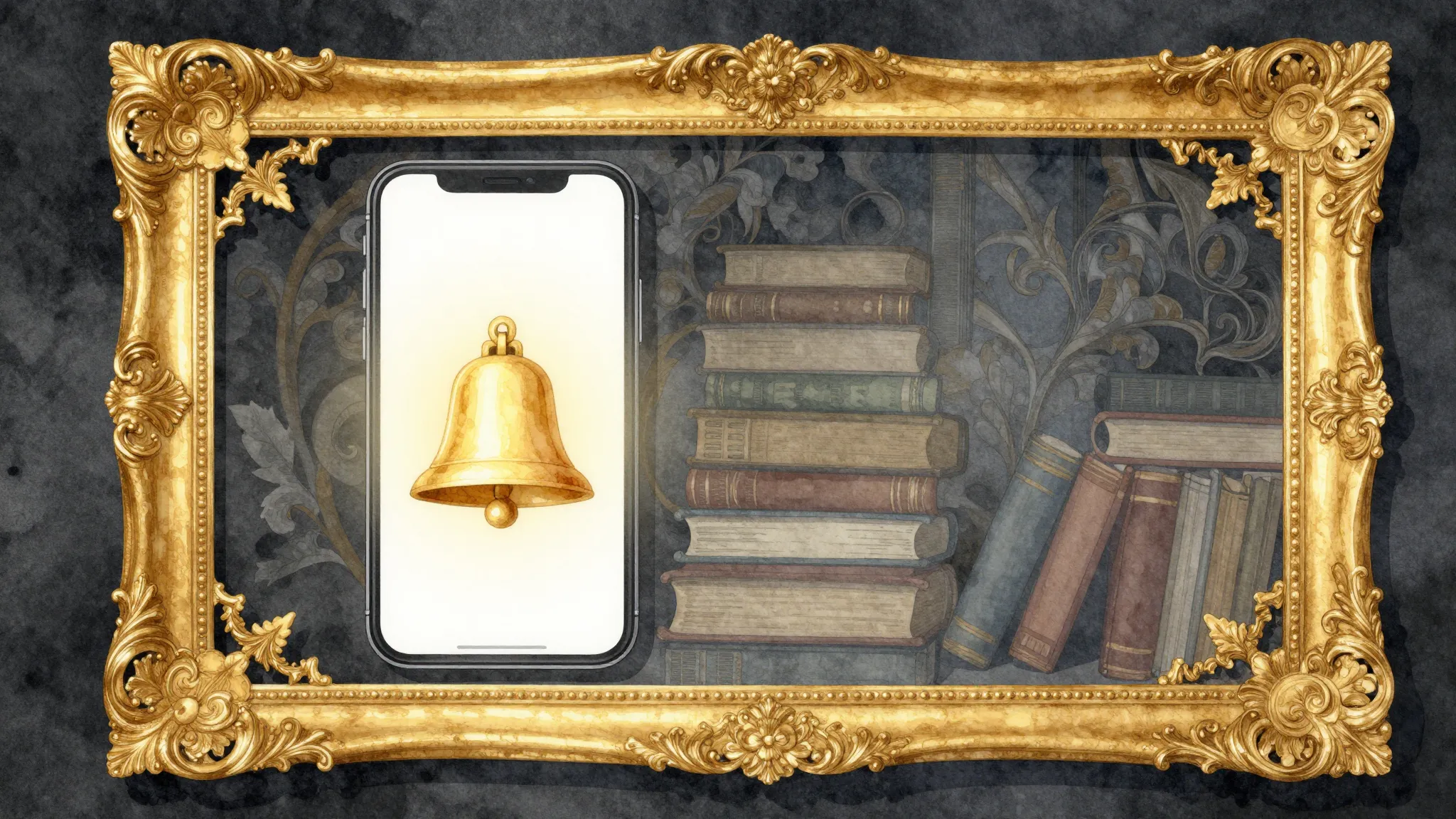 Watercolor style. A grand golden Art Nouveau frame surroundi...