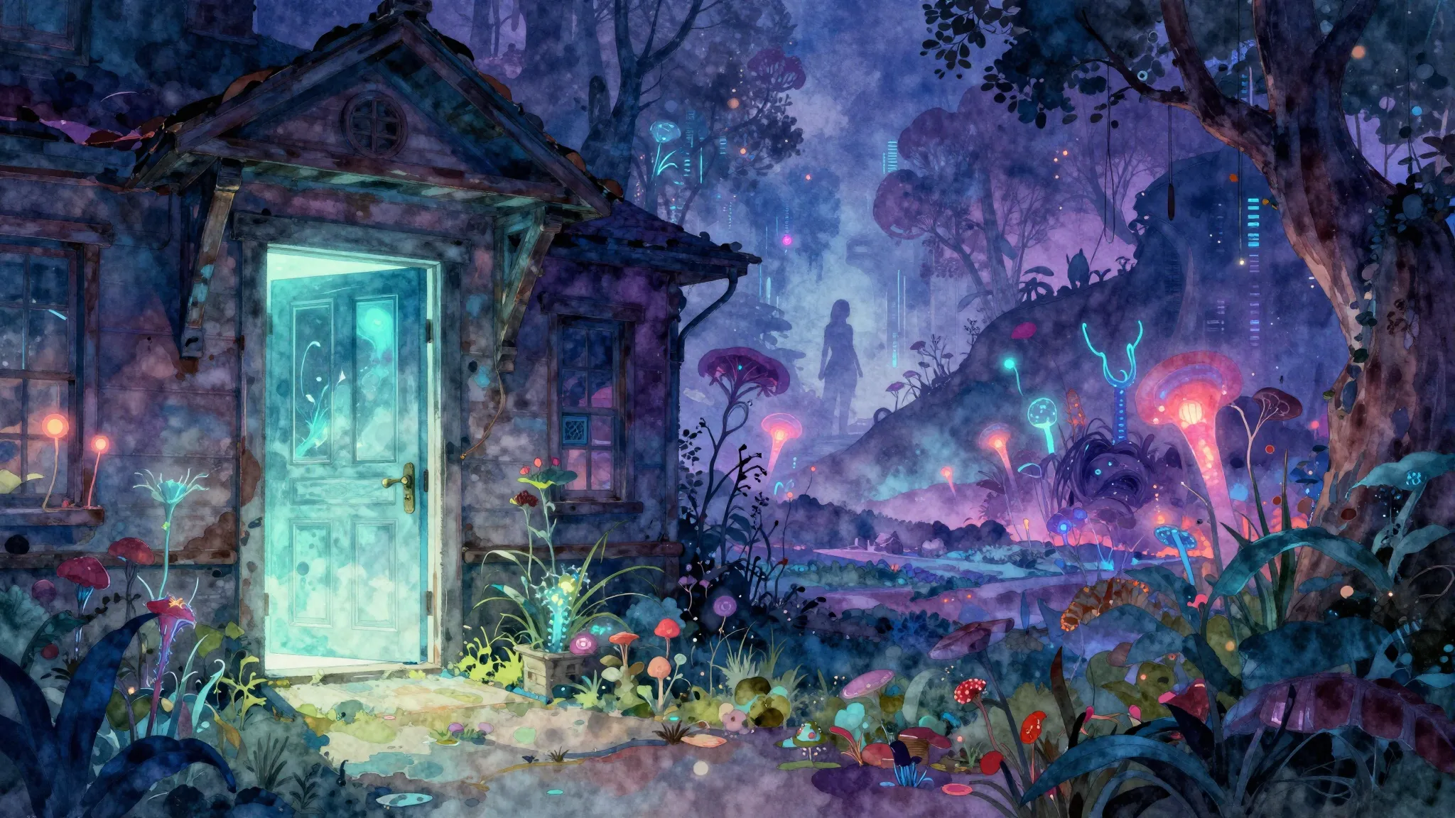 Vibrant watercolor style. Cyberpunk album cover, mysterious ...