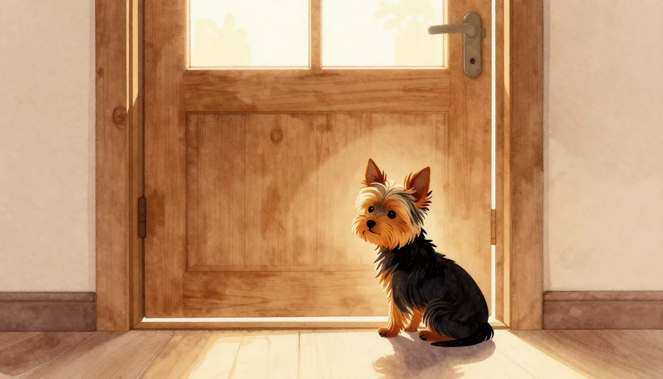 Watercolor style. Silhouette of a tiny Yorkshire Terrier sit...