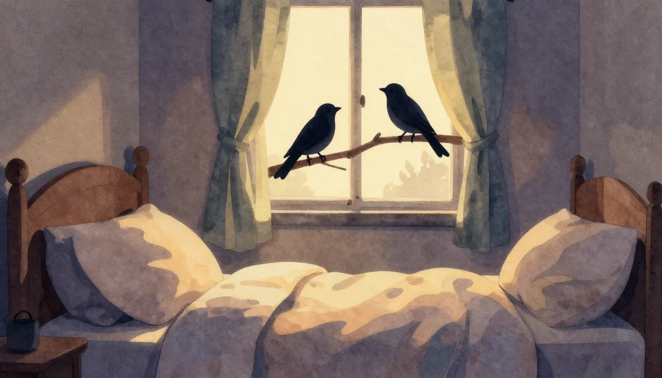 Watercolor style. A cozy bedroom at night, warm glowing ligh...