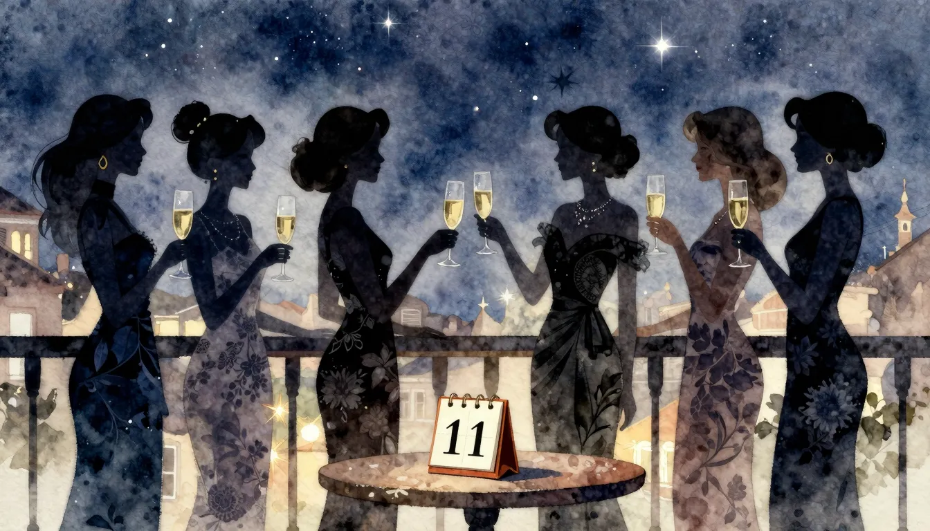Watercolor style. Silhouettes of five elegant women clinking...