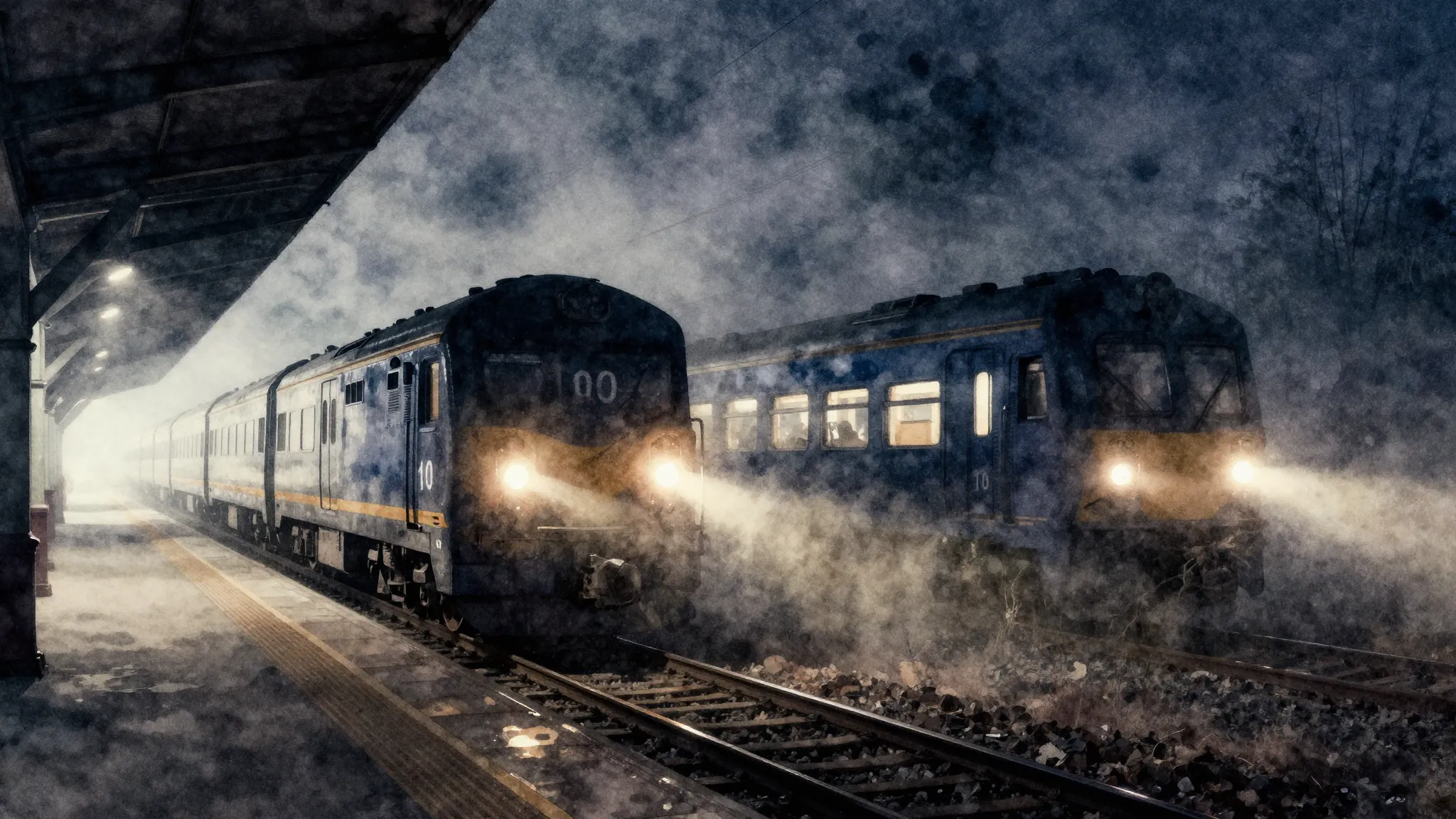 Watercolor style. Dark silhouette of a train leaving a stati...