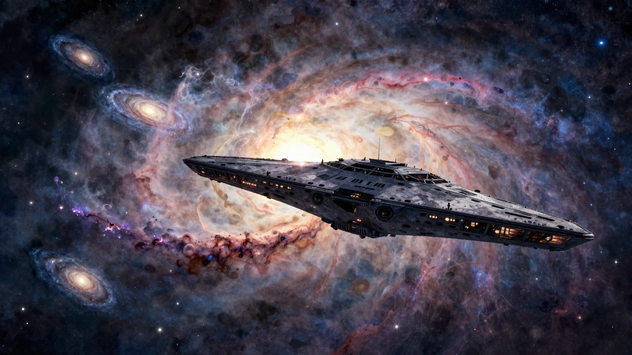 Watercolor style. A silhouette of a majestic starship glidin...