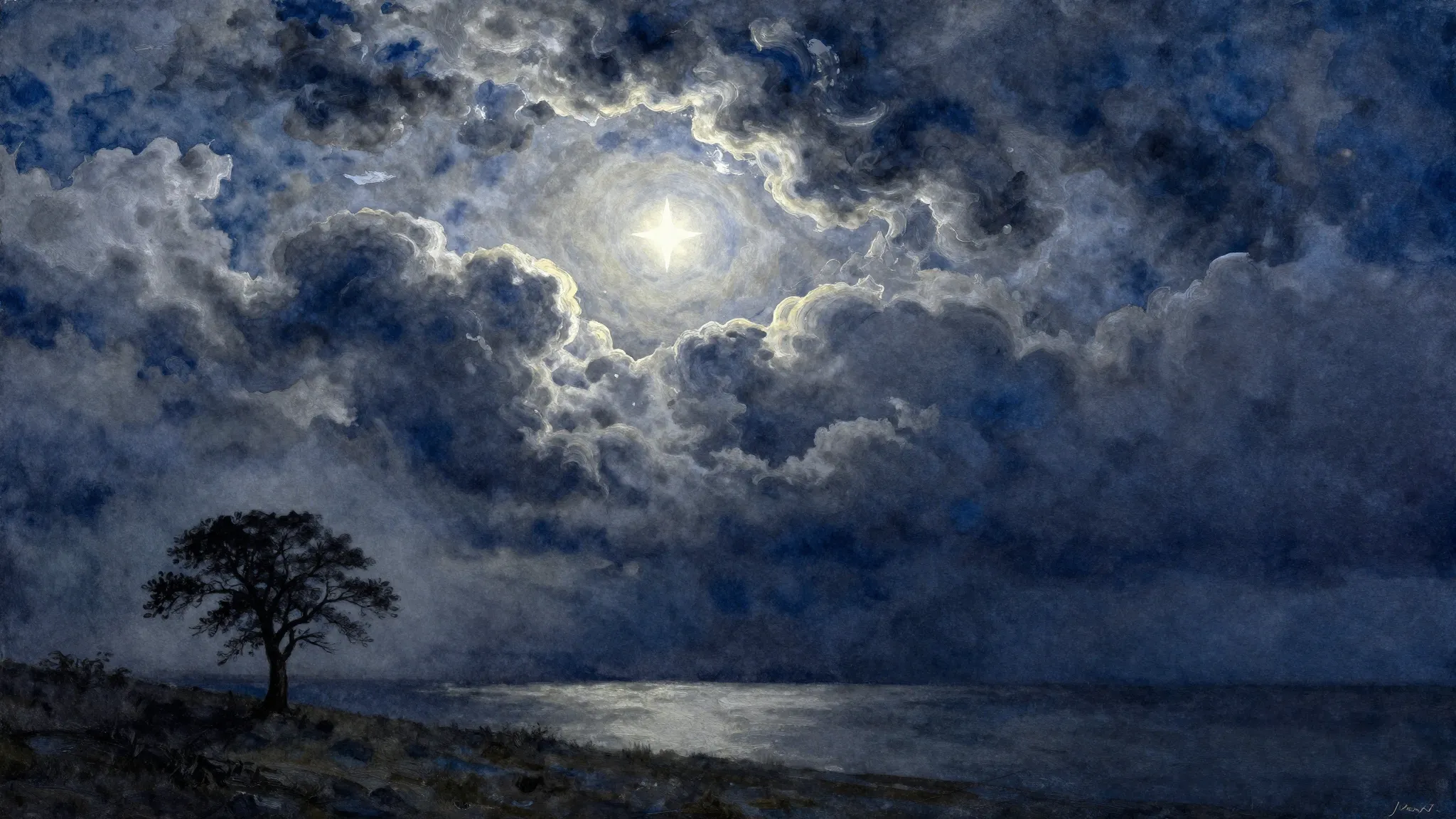 Watercolor style. A single bright star shining through a dra...