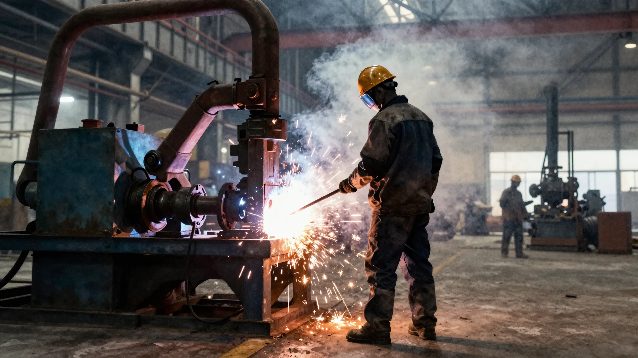 Watercolor style. Silhouette of a worker in a hard hat stand...