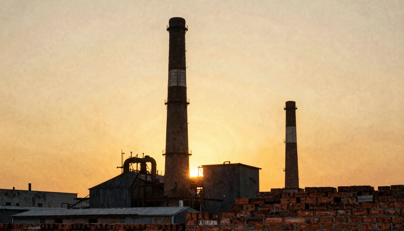 Watercolor style. A silhouette of a tall industrial chimney ...