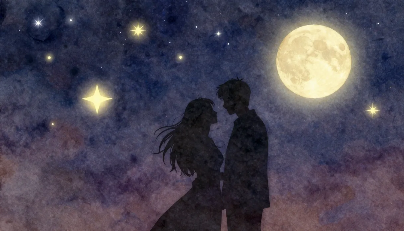Watercolor style. A silhouette of a couple standing under a ...