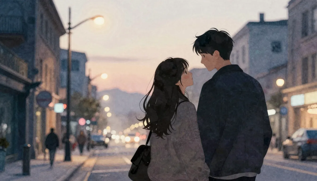 Watercolor style. A silhouette of a young couple on a city s...