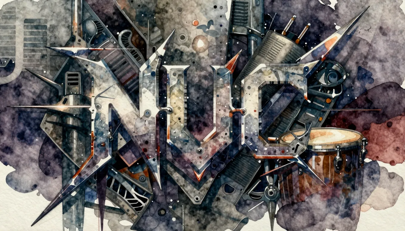 Vibrant watercolor style. Nu-metal album cover, instrumental...