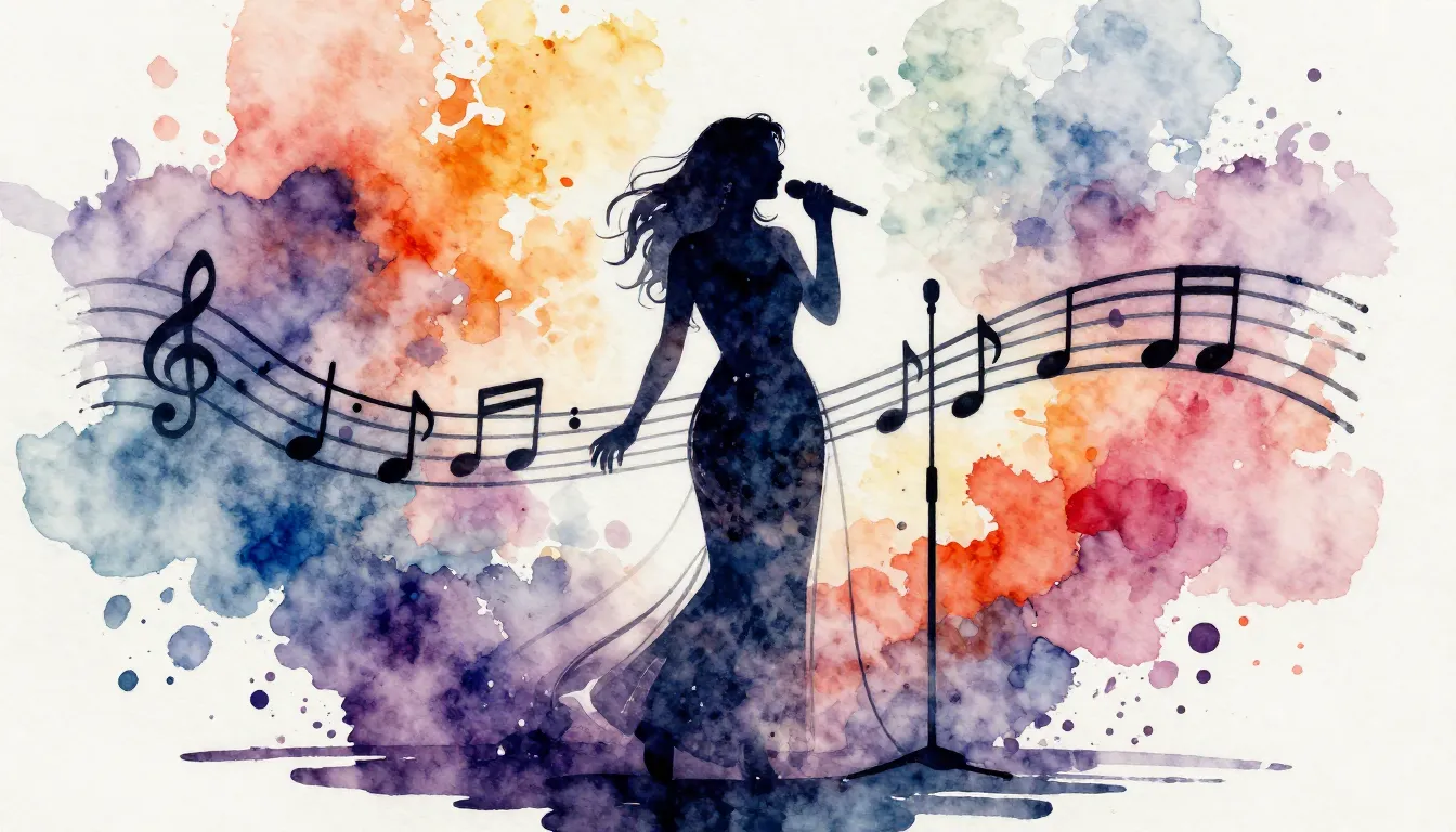 Watercolor style. A silhouette of a woman singing on a stage...