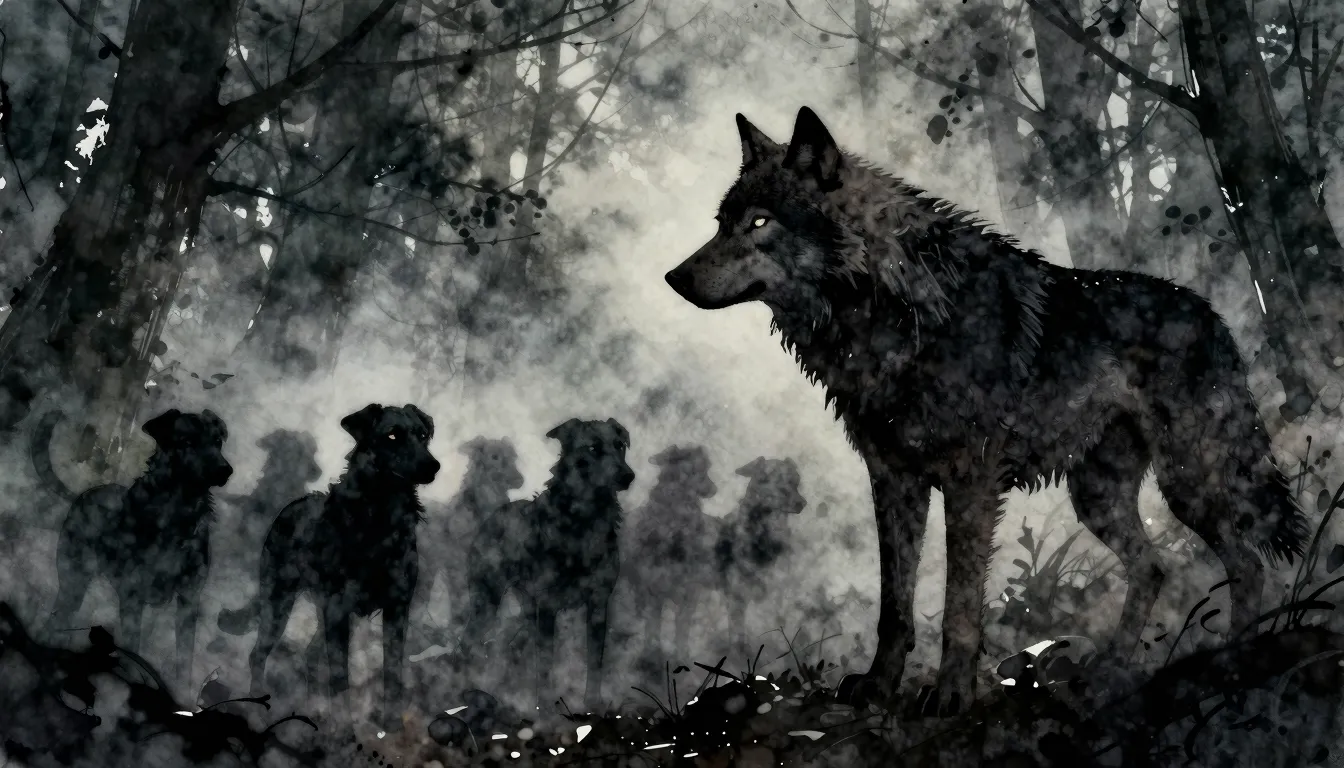 Watercolor style. A dark silhouette of a wolf turning to fac...