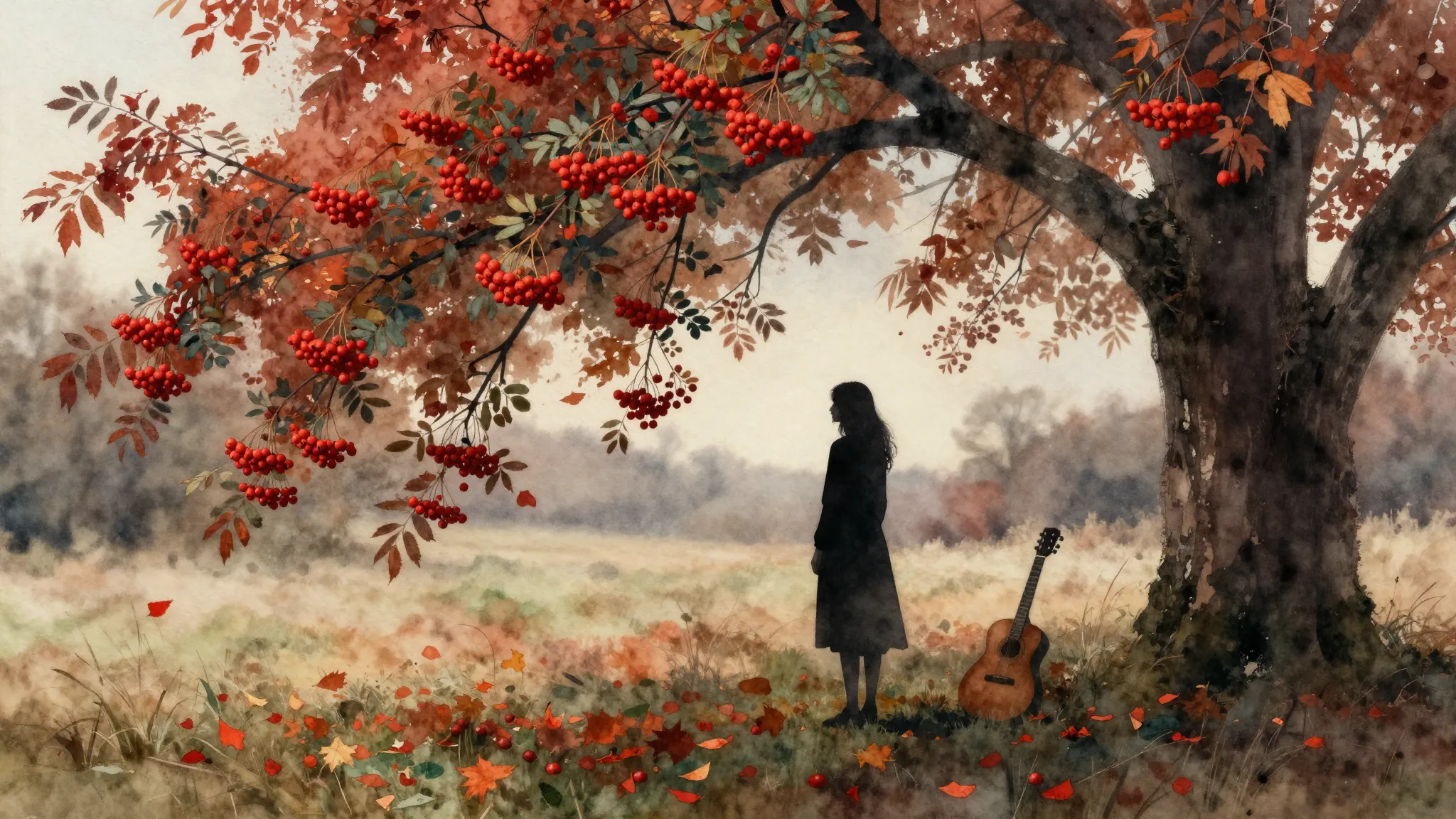 Watercolor style. Autumn landscape, silhouette of a girl nea...