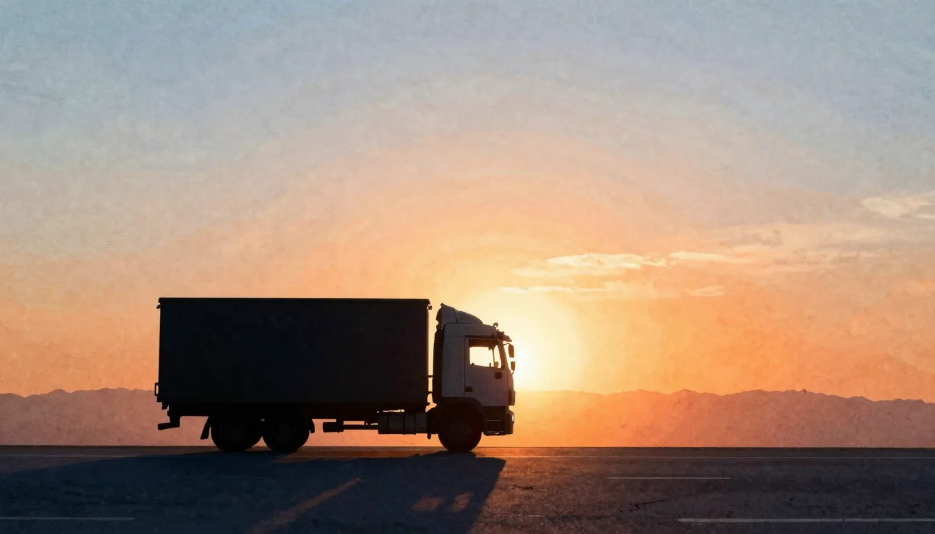 Watercolor style. A silhouette of a cargo truck driving on a...