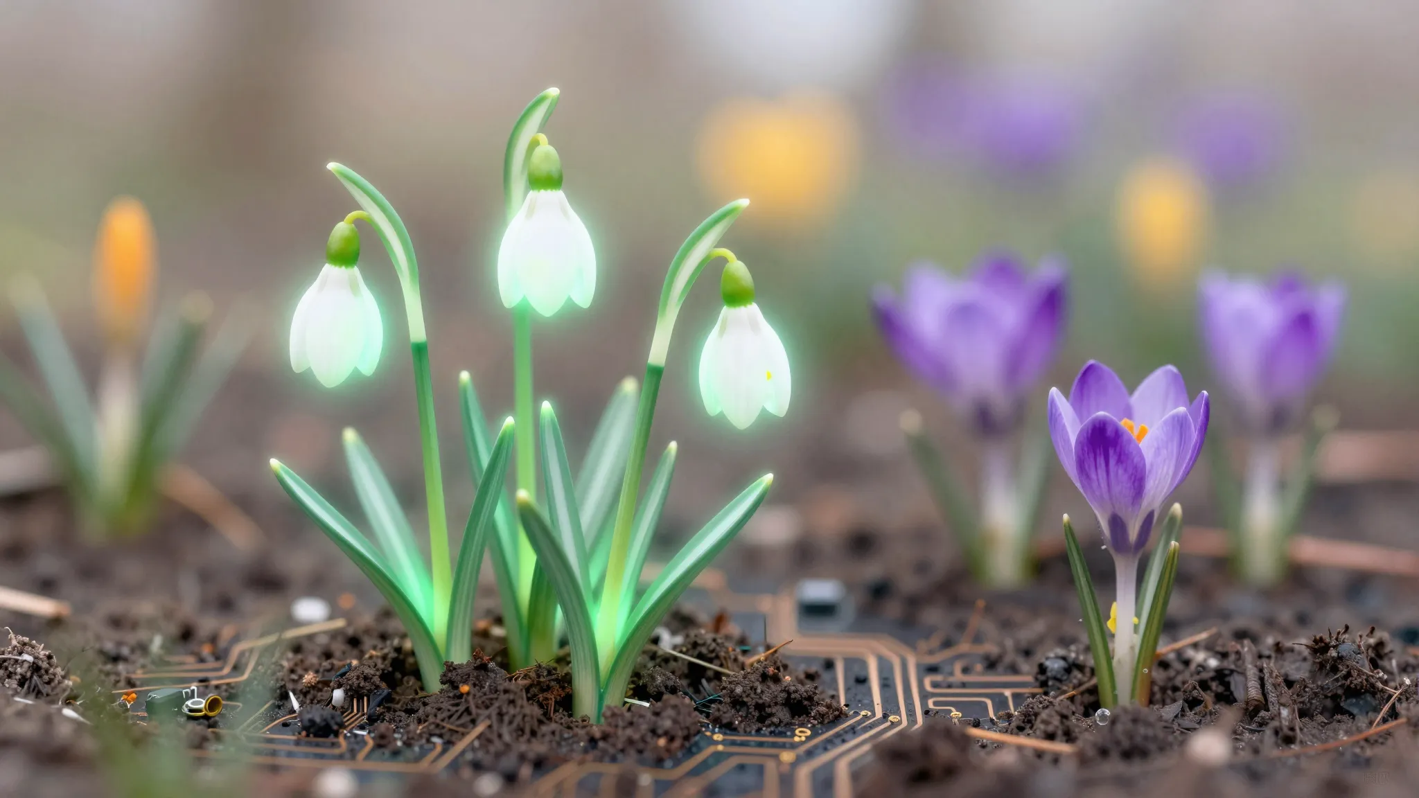 Watercolor style. Digital garden with glowing neon snowdrops...