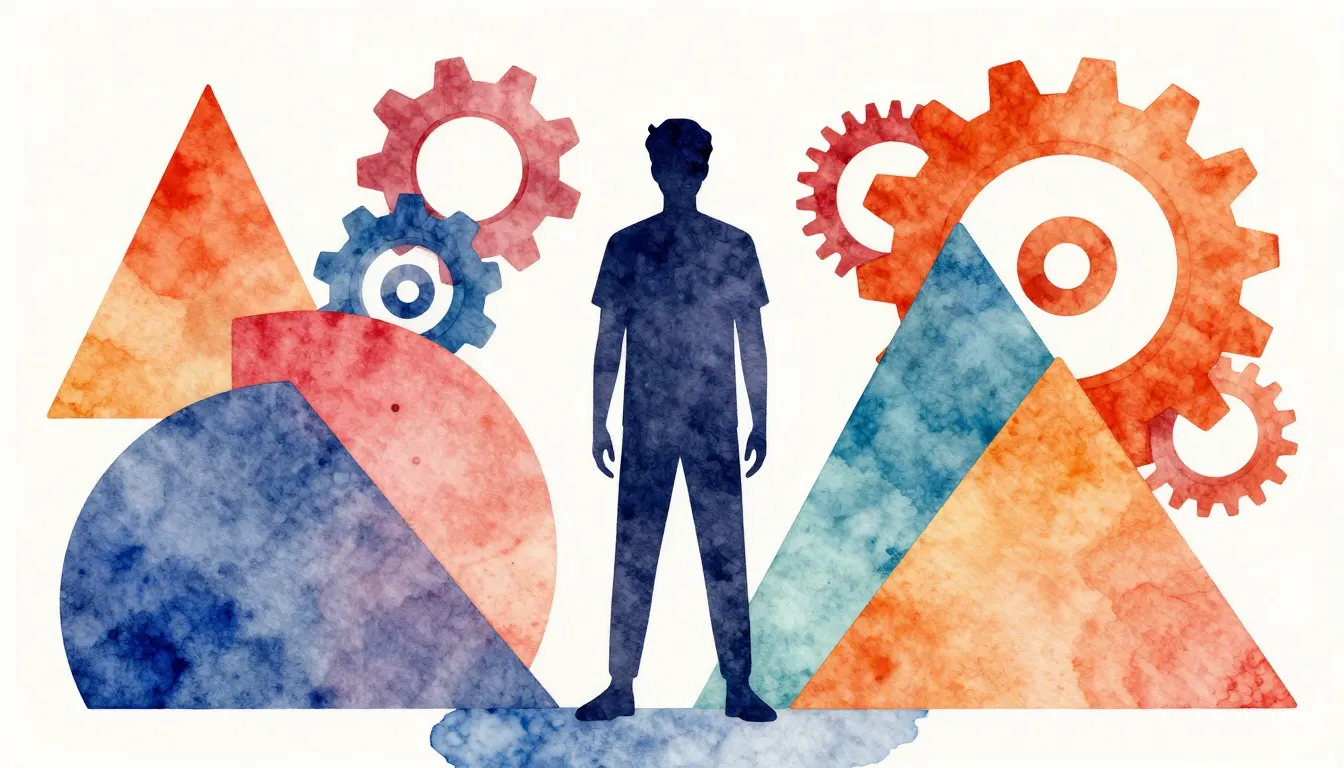 Watercolor style. A stylized silhouette of a person standing...