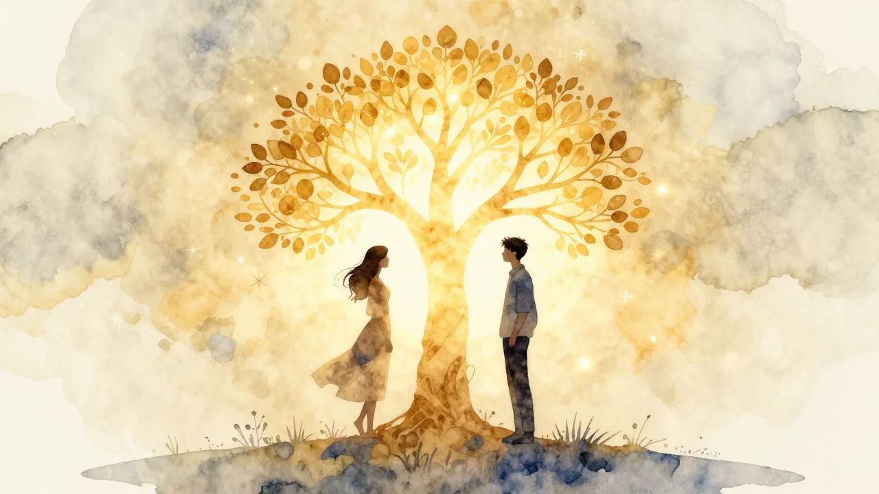 Watercolor style. Silhouette of a woman and a young man stan...