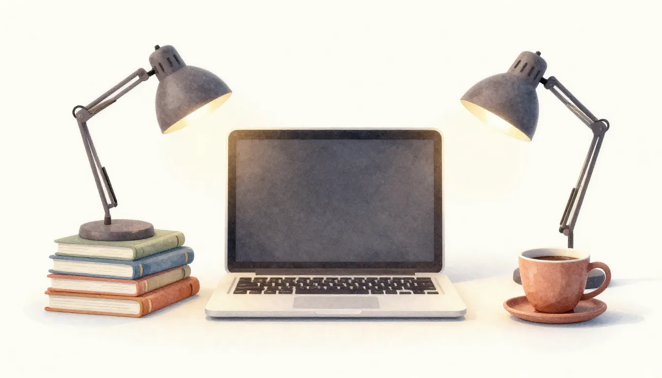 Watercolor style. A cozy workspace with a laptop, a stack of...