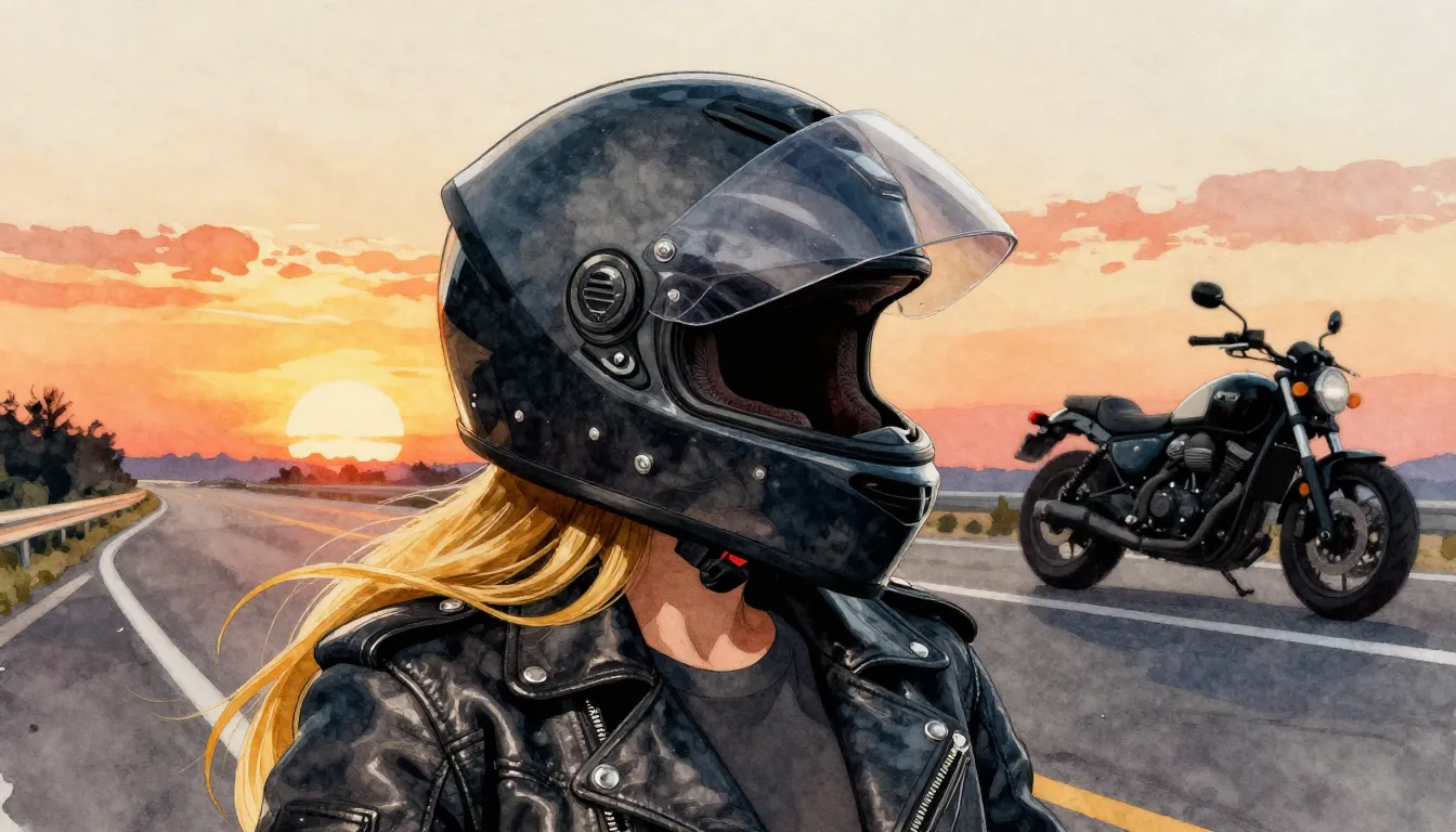 Watercolor style. A sleek motorcycle helmet resting on a lea...