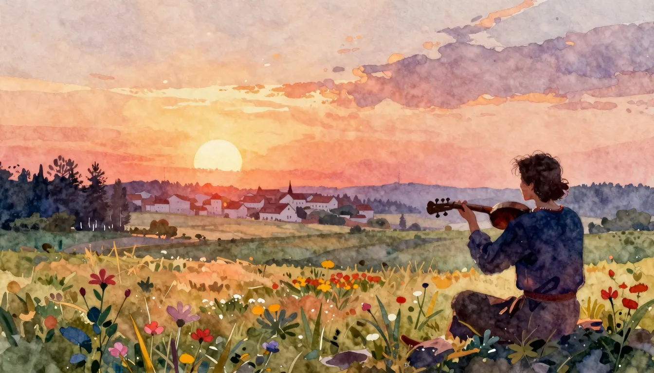 Vibrant watercolor style. Folk song album cover: sunrise ove...