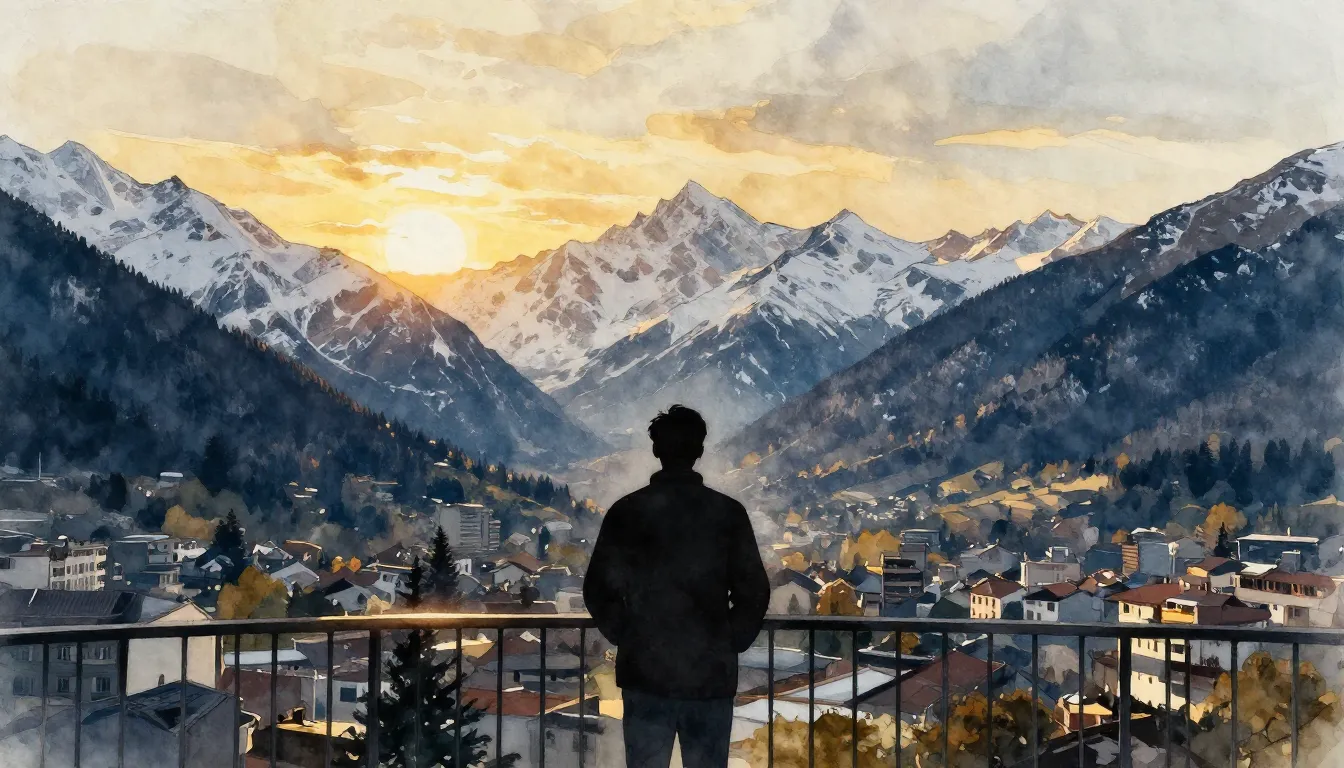 Watercolor style. A silhouette of a person standing on a bal...