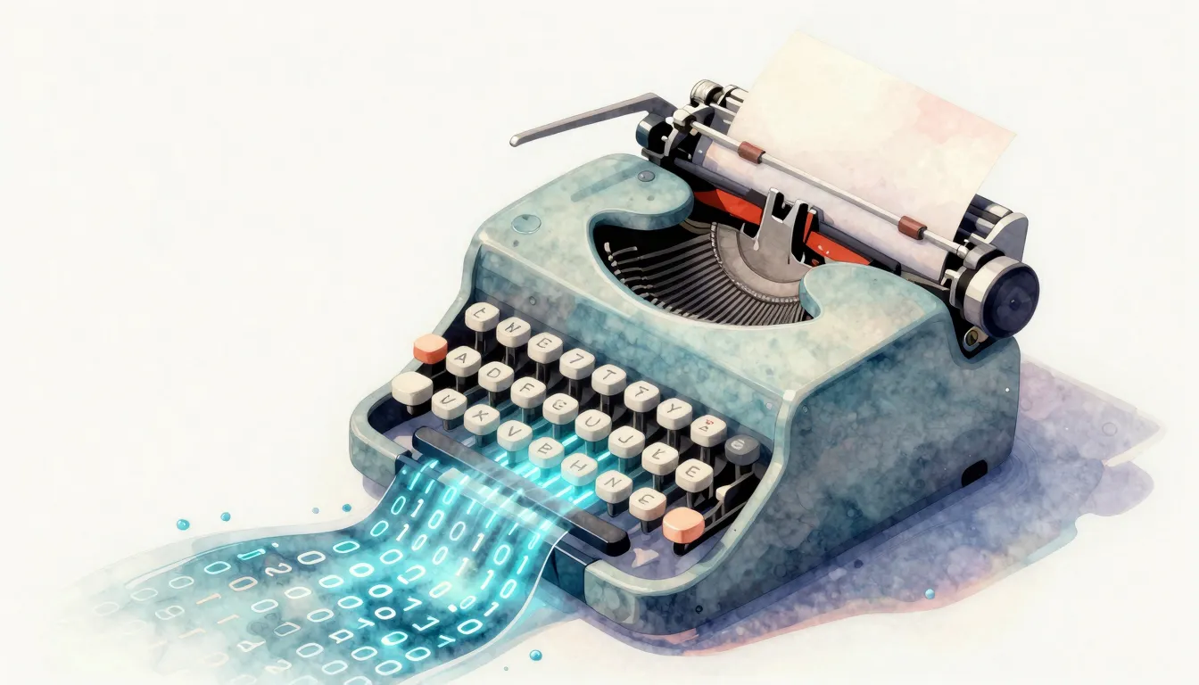 Watercolor style. 3D isometric digital typewriter, glowing n...