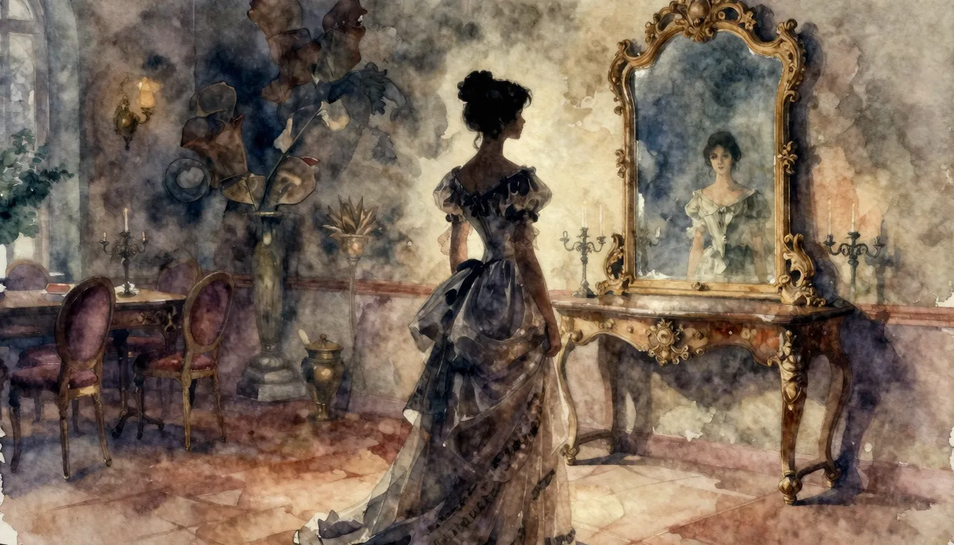 Watercolor style. A silhouette of a woman in a flowing 19th-...