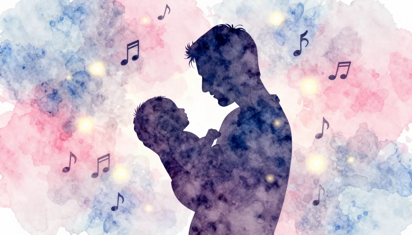 Watercolor style. A silhouette of a father gently holding a ...