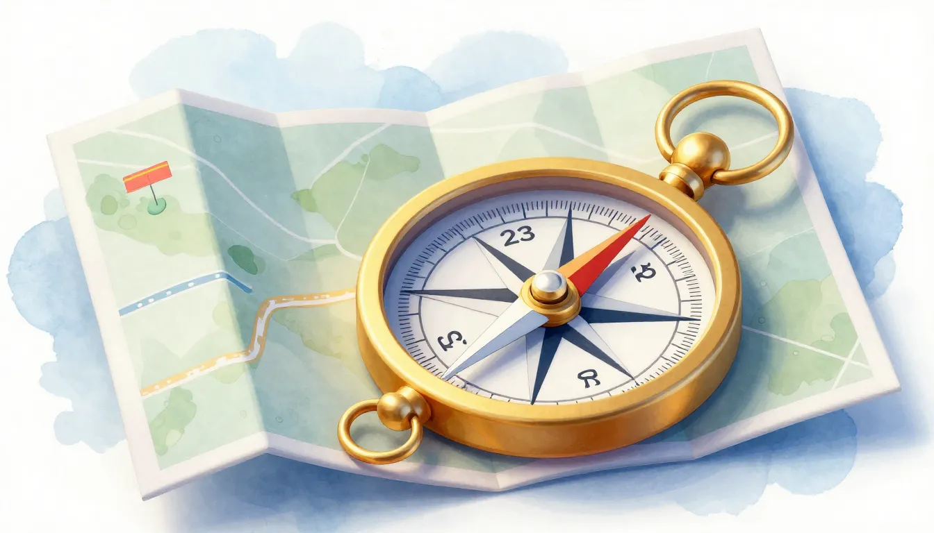 Watercolor style. Stylized 3D render of a golden compass and...