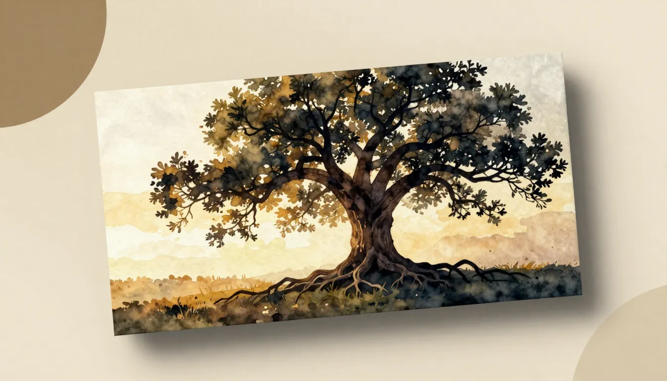 Watercolor style. Silhouette of a large oak tree with deep r...