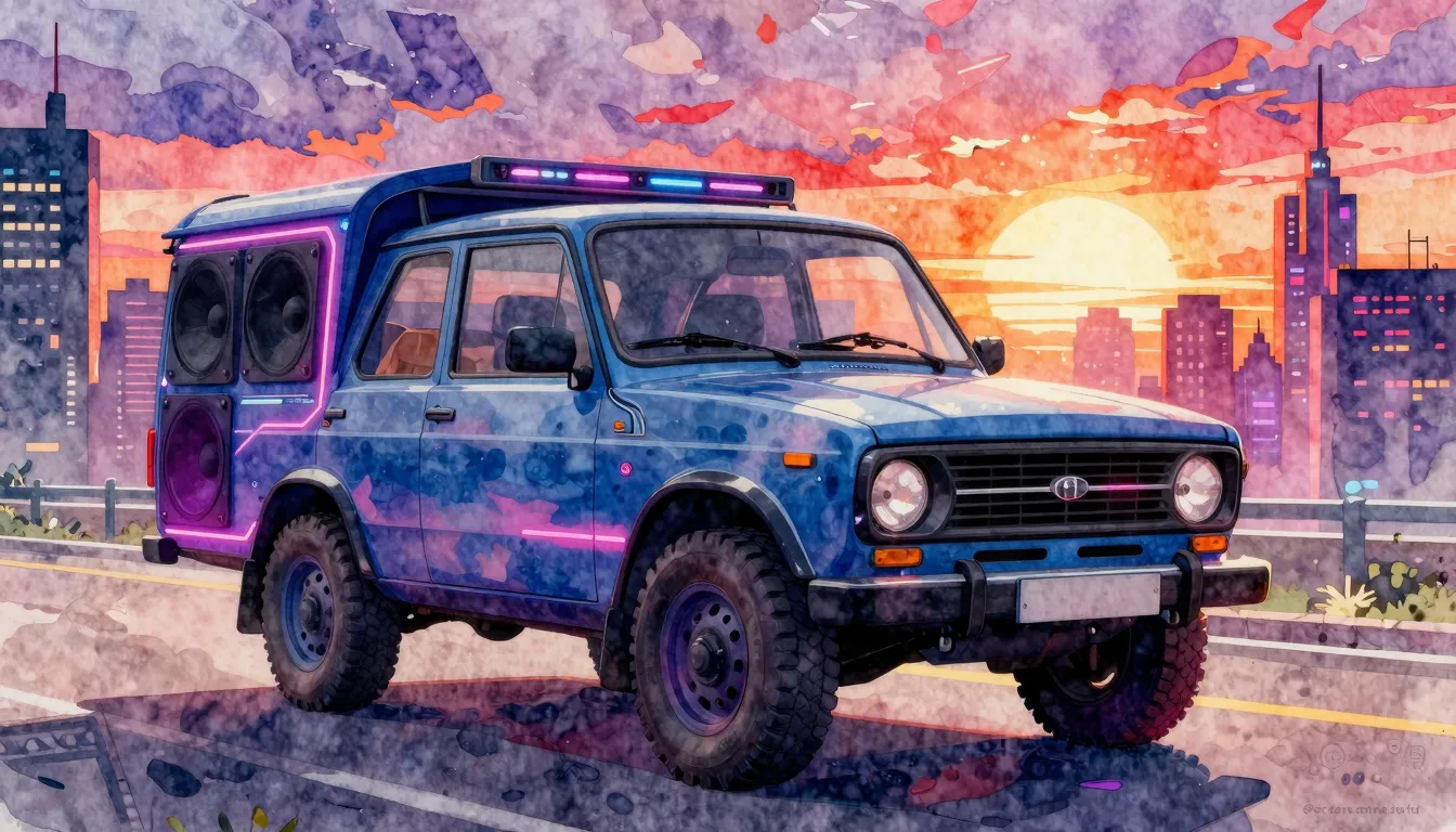 Vibrant watercolor style. Cyberpunk Lada Niva, neon sunset, ...
