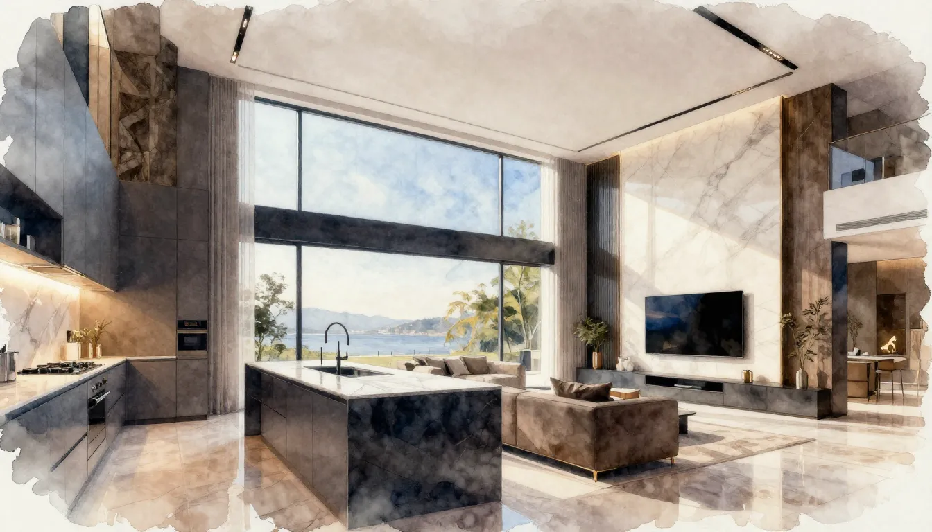 Watercolor style. Modern luxury kitchen living room, 3m high...