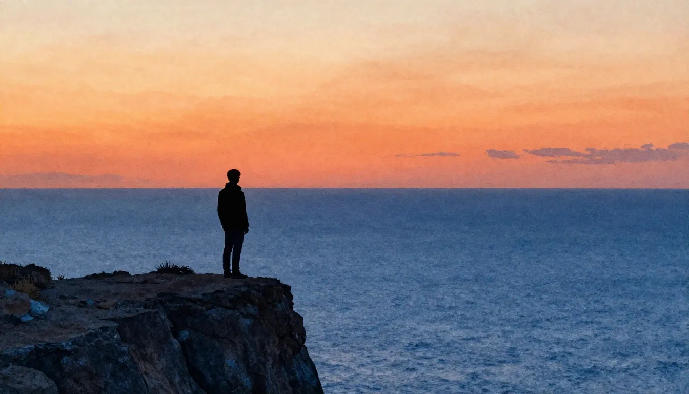 Watercolor style. A lonely silhouette of a person standing o...