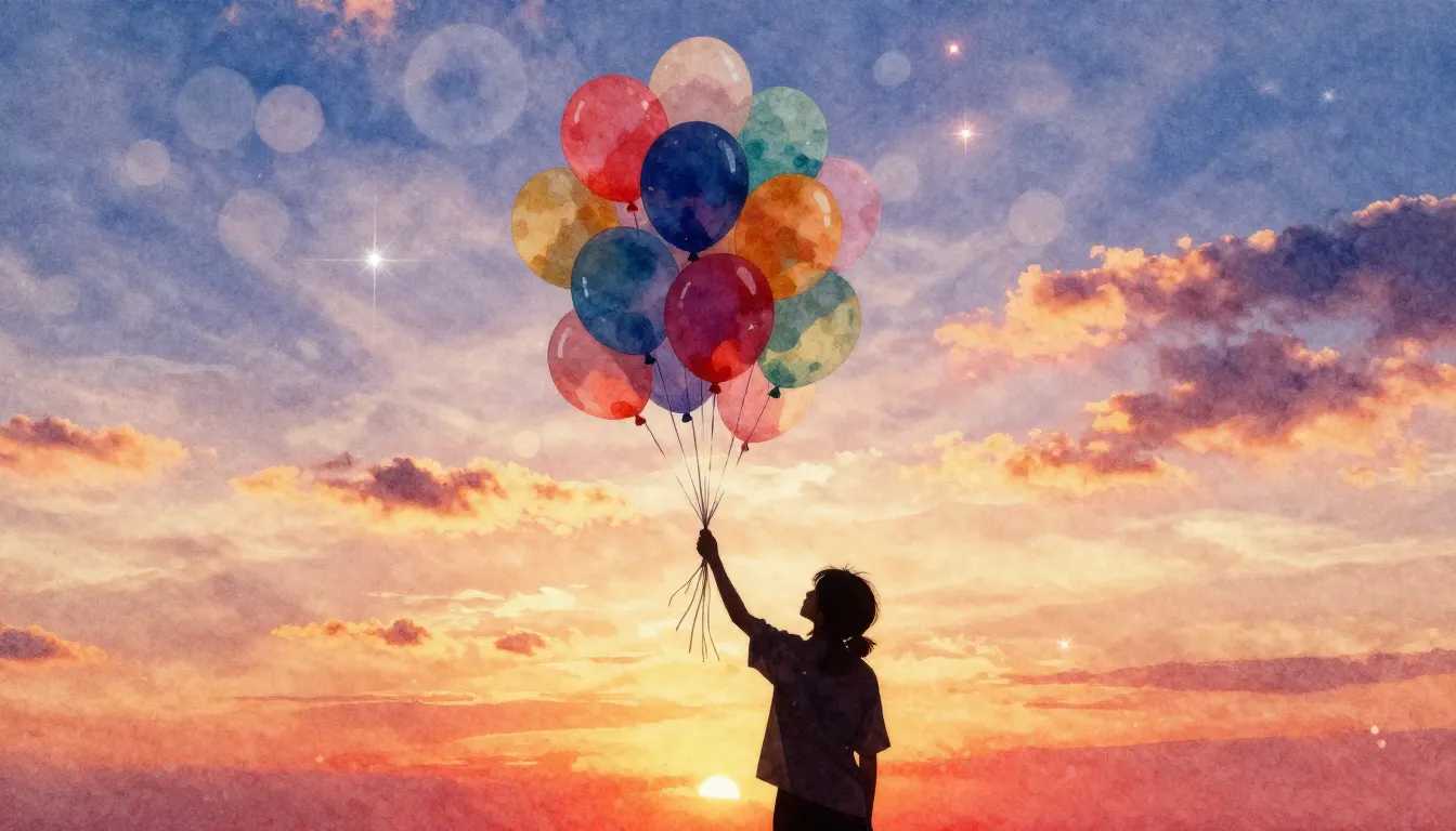 Watercolor style. A silhouette of a person holding a bunch o...