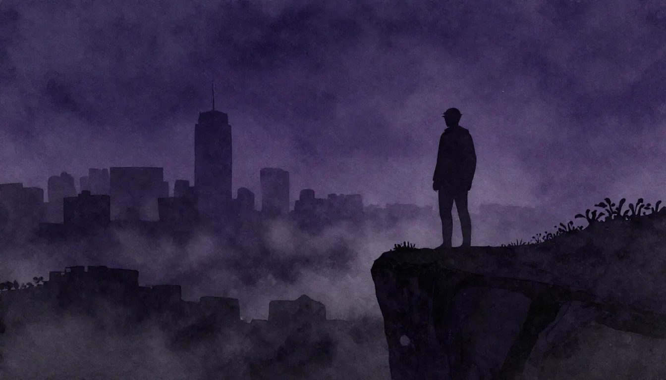 Watercolor style. A dark silhouette standing on a cliff over...