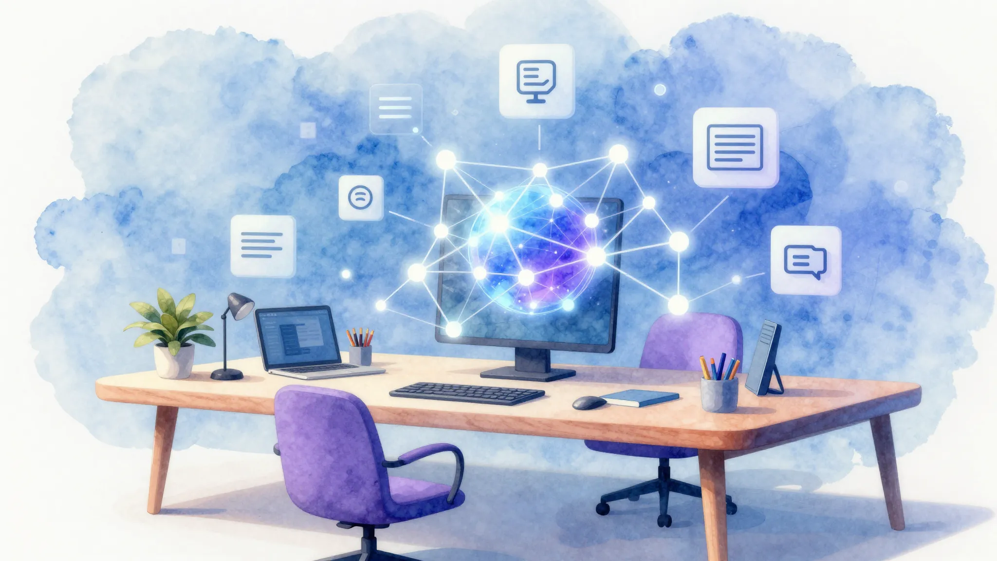 Watercolor style. A vibrant 3D digital workspace with glowin...