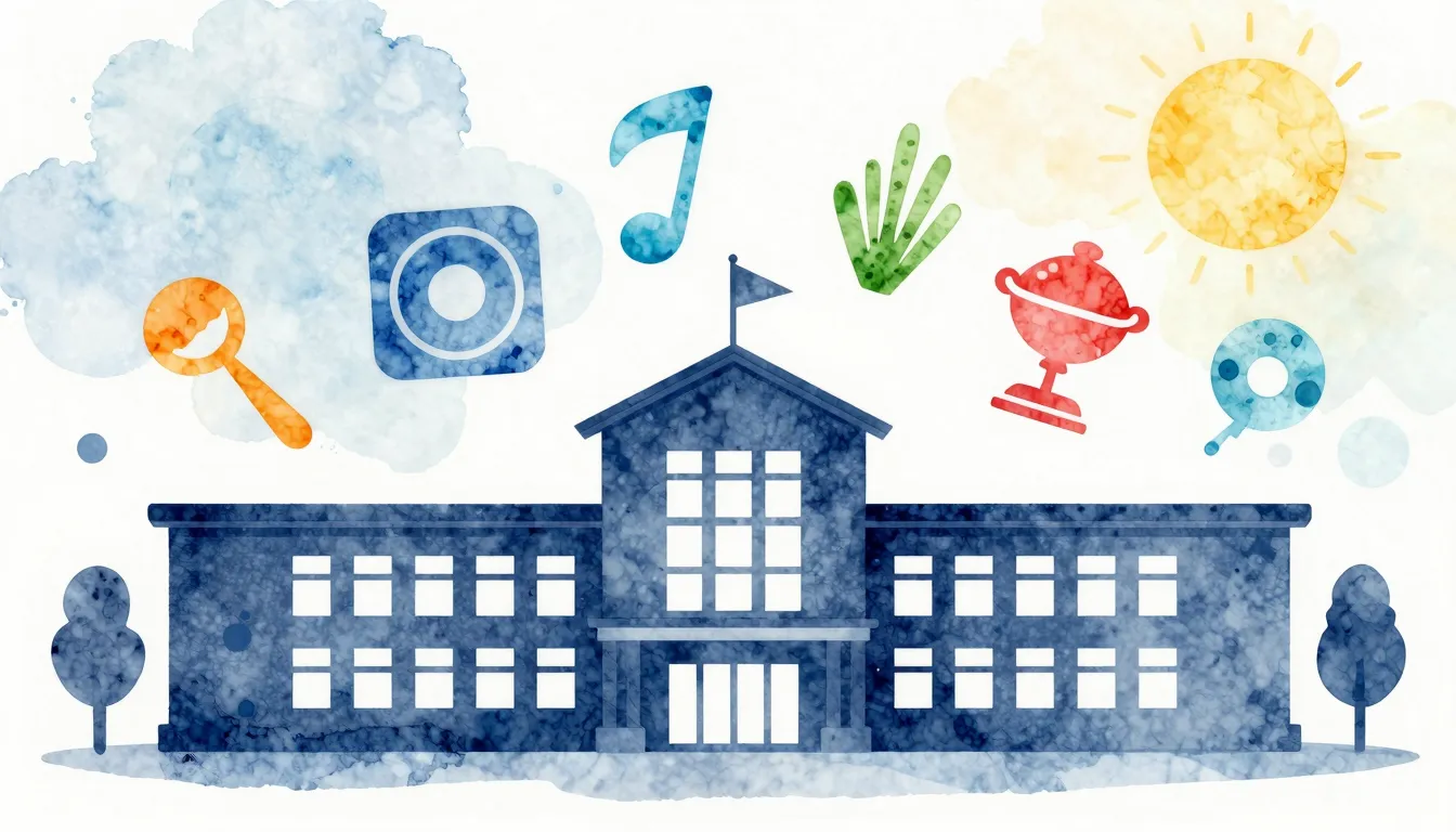 Watercolor style. Silhouette of a modern school building wit...