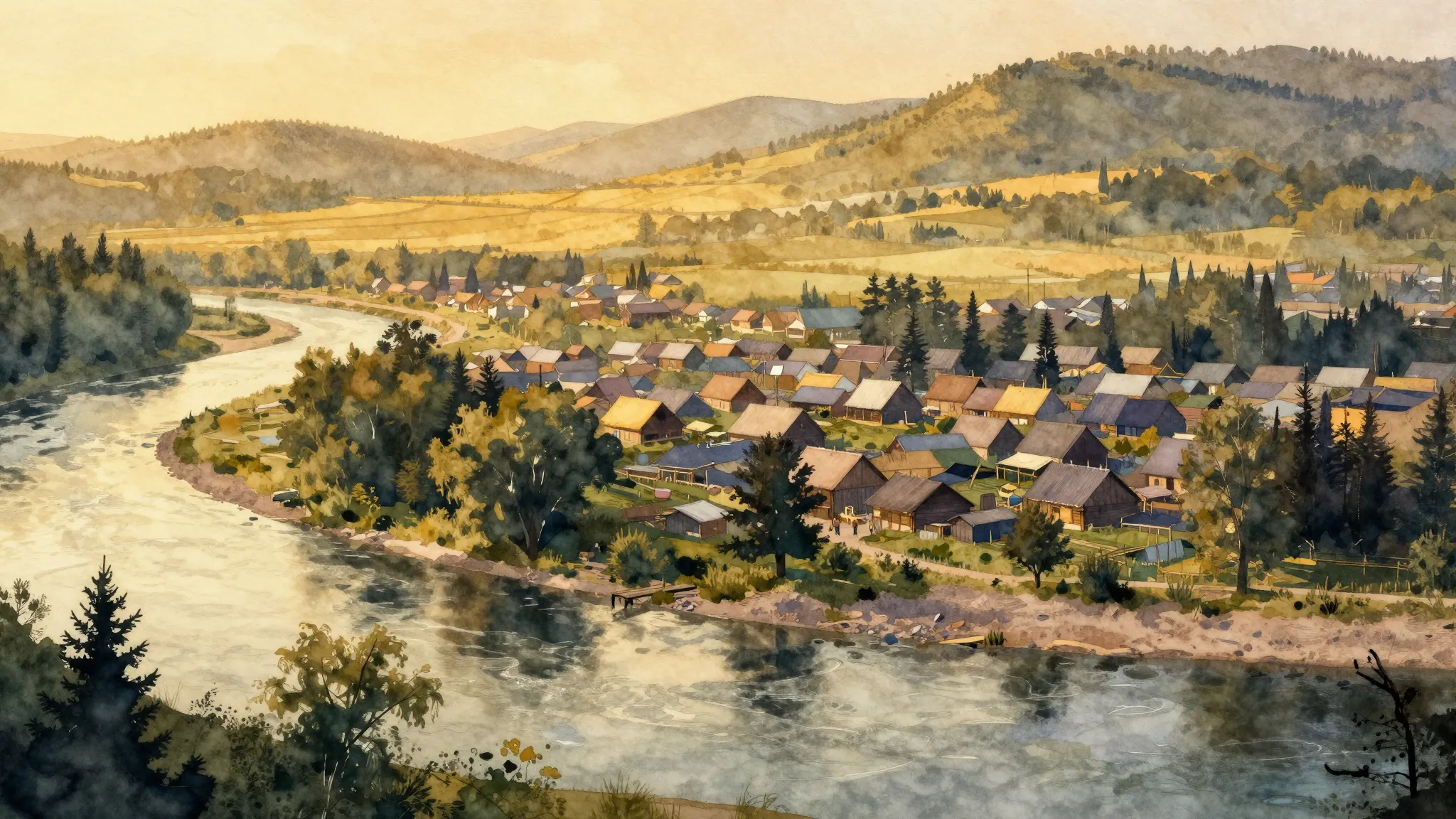 Watercolor style. A silhouette of a small village on a high ...