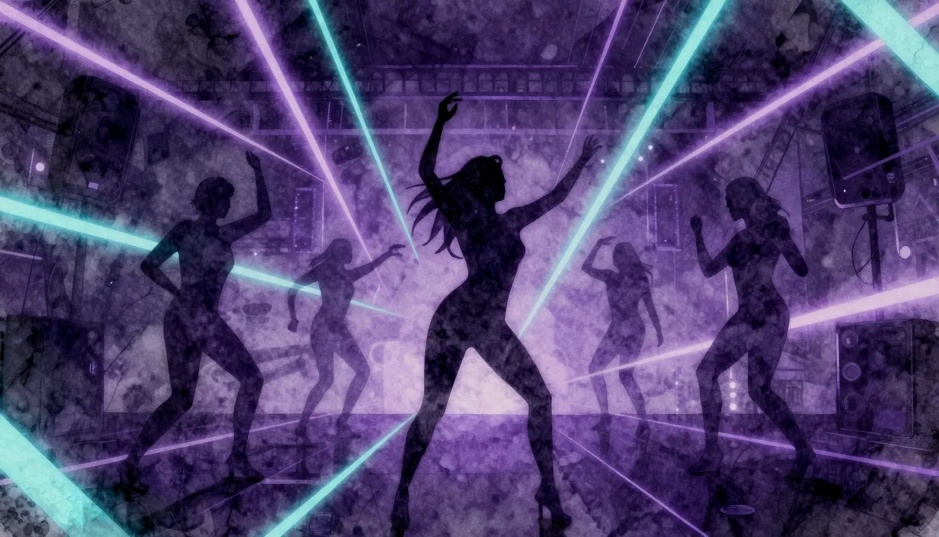 Watercolor style. Abstract neon silhouettes dancing in a dar...