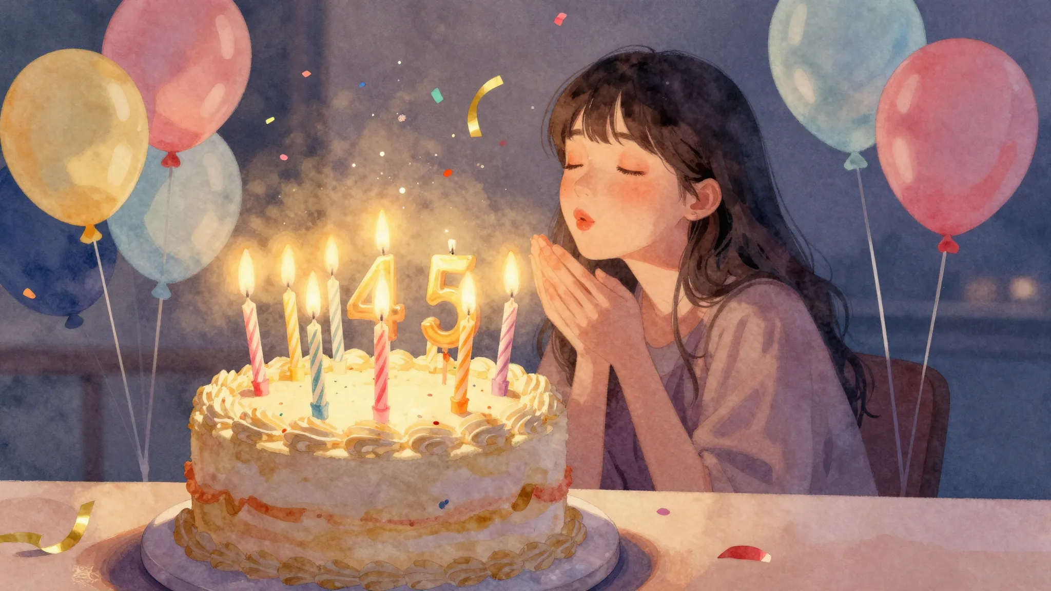 Watercolor style. A festive birthday cake with 45 glowing ca...