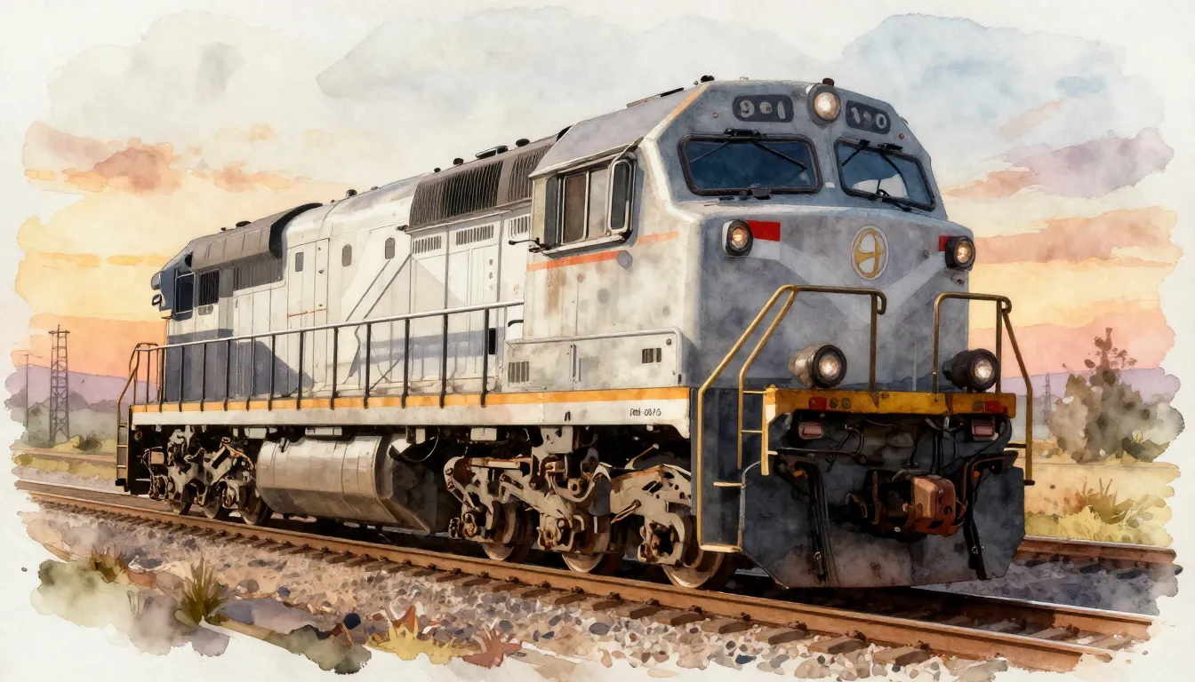 Watercolor style. Powerful modern locomotive on steel tracks...