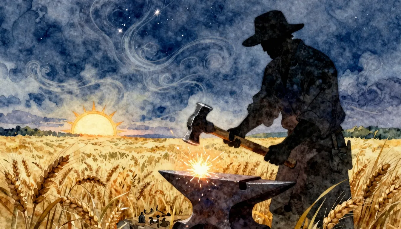 Watercolor style. A silhouette of a blacksmith's hammer stri...