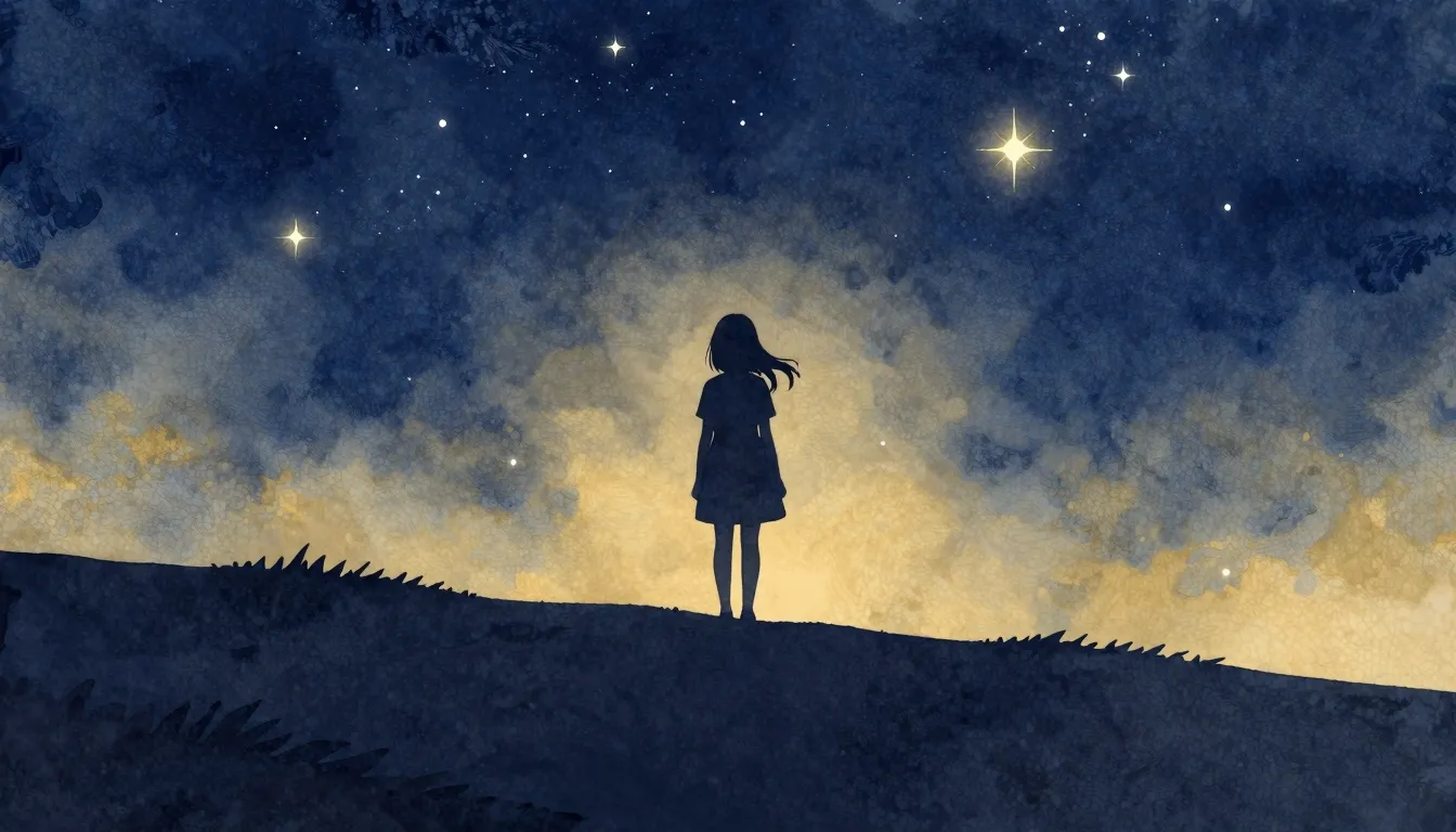 Watercolor style. A silhouette of a girl standing on a hill ...