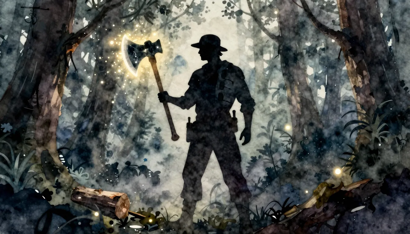 Watercolor style. A silhouette of a lumberjack holding a glo...