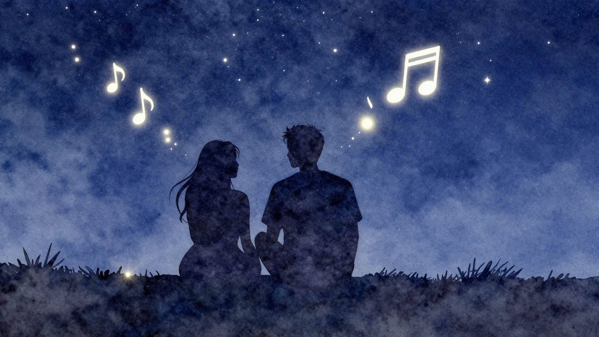 Watercolor style. A silhouette of a couple sitting under a s...